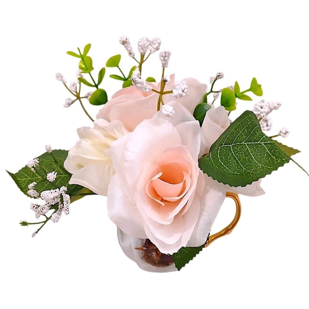 Silk Floral Arrangement Dainty Pink Roses Leaf Tea Party Cup POP-IN Love Romance